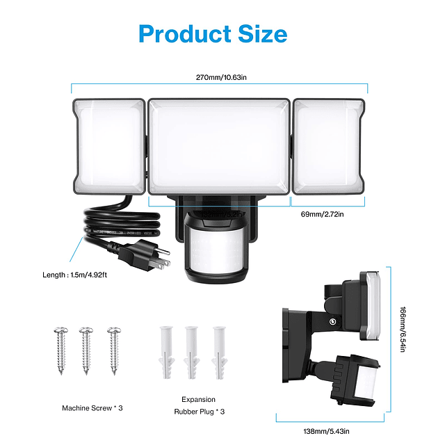 Luz exterior con sensor de movimiento de 65 W, luz de inunda