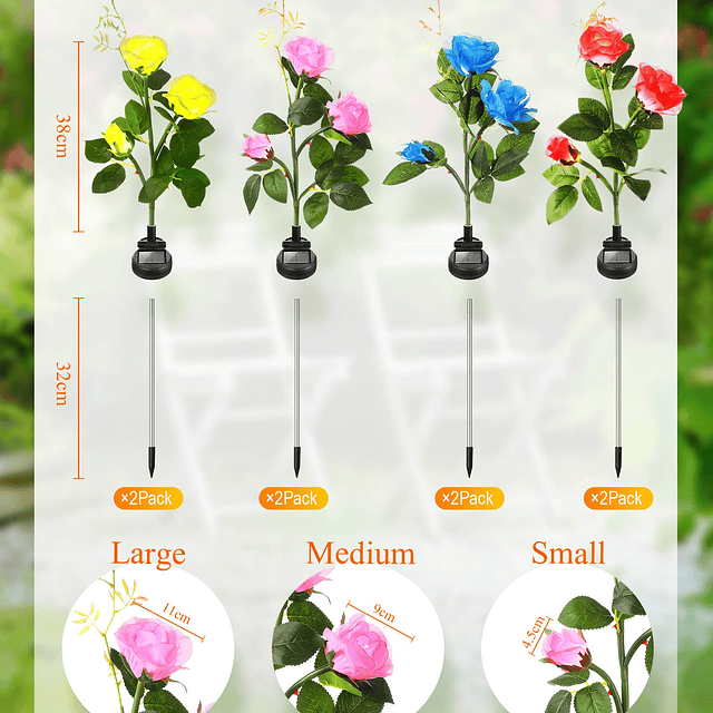 8 piezas de luces solares de flores de rosas, luces LED de f