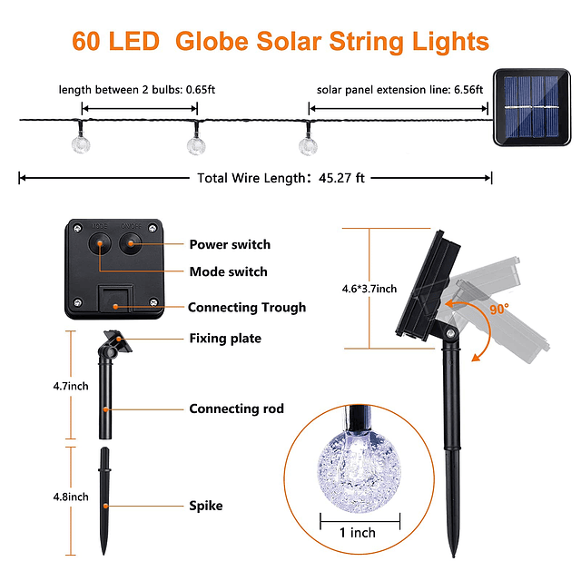 - Guirnaldas de luces solares de 39 pies, 60 LED, impermeabl