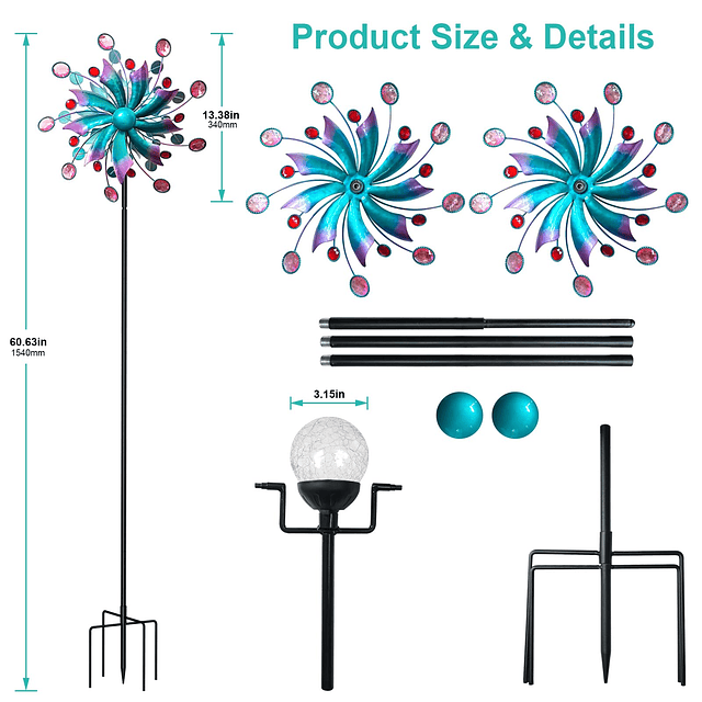 Spinner de viento solar de 360° con luces de metal azul para