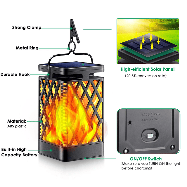 Luces solares para exteriores, llama parpadeante, linterna s