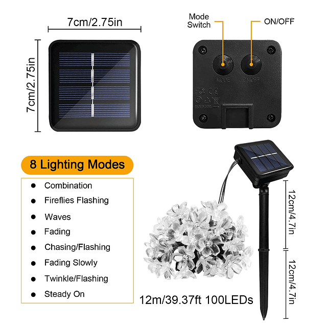 Cadena de luces solares de flores, 100 LED, 39 pies, cadena