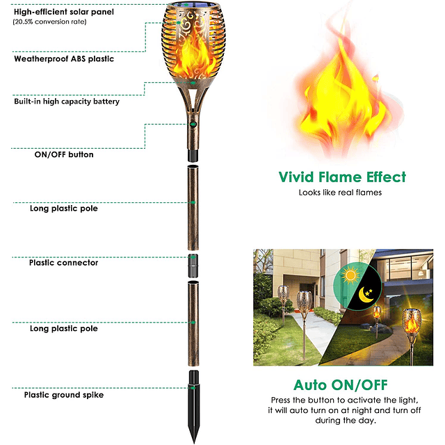 Luces solares para exteriores, llama parpadeante, linterna s