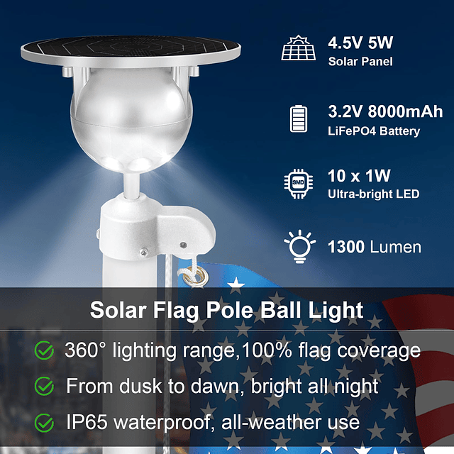 Luz de asta de bandera con energía solar, adorno de bola pla