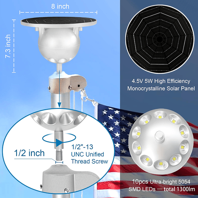 Luz de asta de bandera con energía solar, adorno de bola pla
