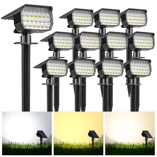 Focos solares para exteriores, paquete de 12, 52 LED/3 color