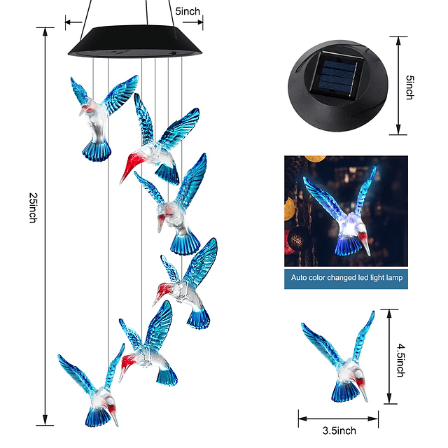 Campanas de viento de colibrí con luces para jardín al aire