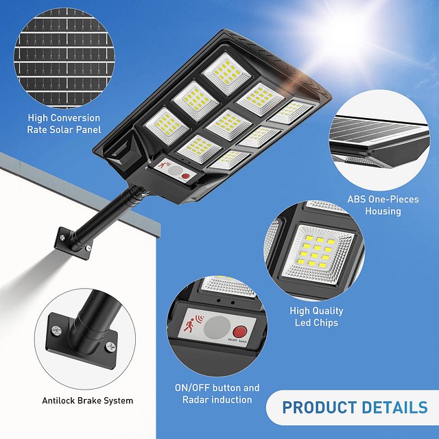 Luces de calle solares de 1500 W, luces solares para exterio