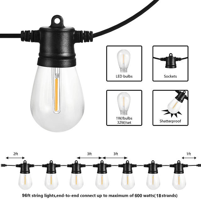 Cadena de luces para exteriores de 96 pies con 32 bombillas