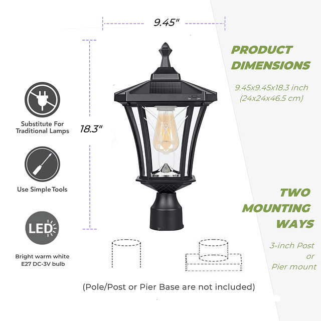 Lámpara solar para exteriores, luz de poste del anochecer al