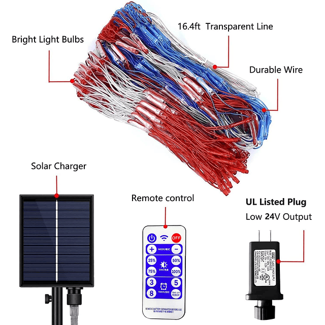 Luces solares de la bandera americana, decoraciones del día