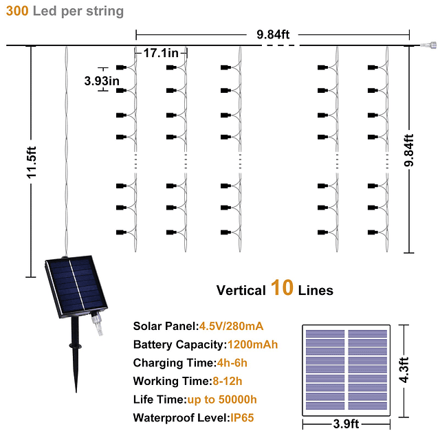 300LED Luces de cortina solares Luces de cadena solares para