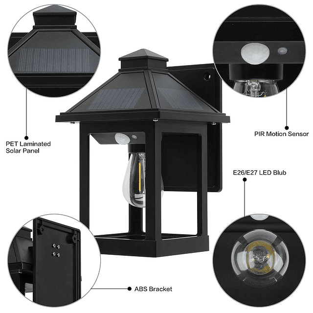 Linterna solar de pared con sensor de movimiento, luces exte