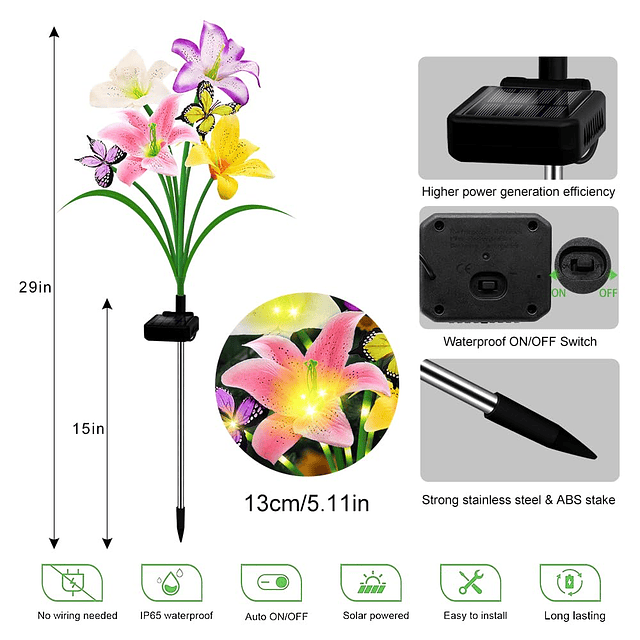 Luces solares de jardín, paquete de 2 con 8 lirios, luces de