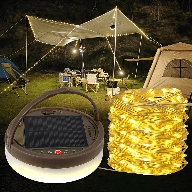 Cadena de luces solares para acampar, 32.8 pies, recargable,