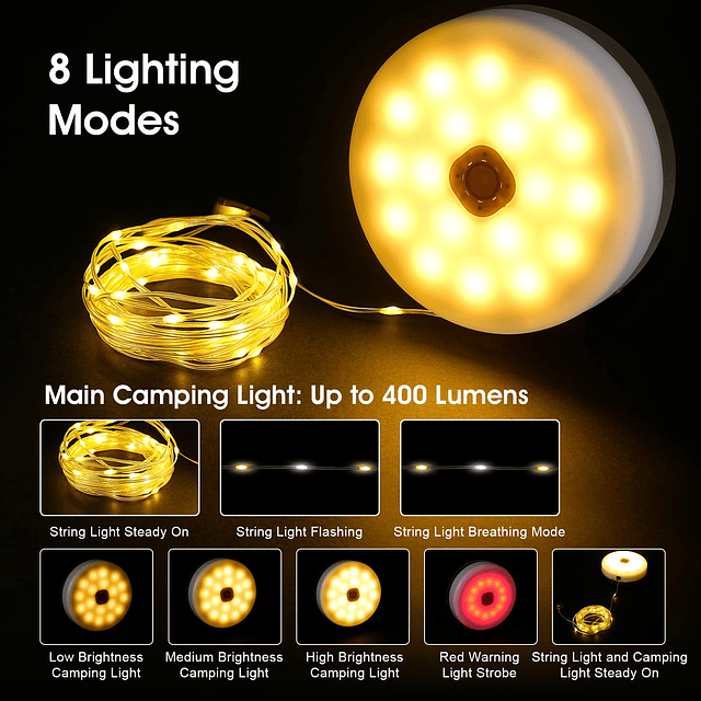 Cadena de luces solares para acampar, 32.8 pies, recargable,