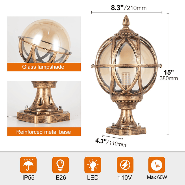 Poste de luz para exteriores Globo Pantalla de vidrio Luces