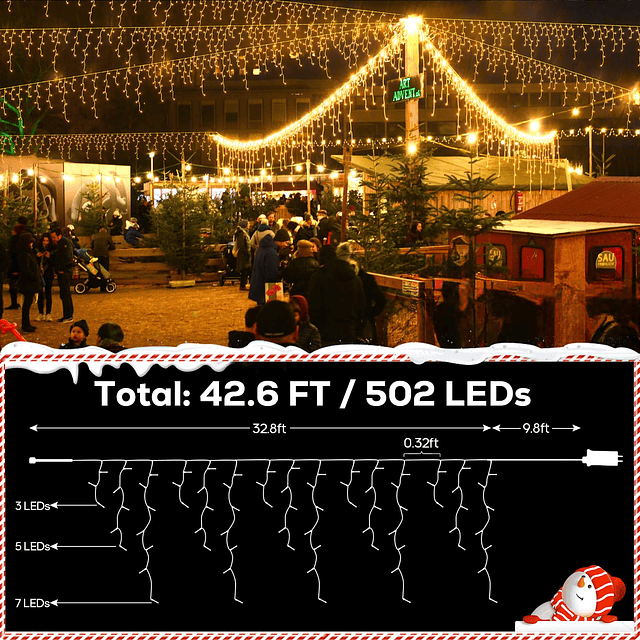 Luces de carámbano de 32.8 pies 8 modos 502LED Luces navideñ