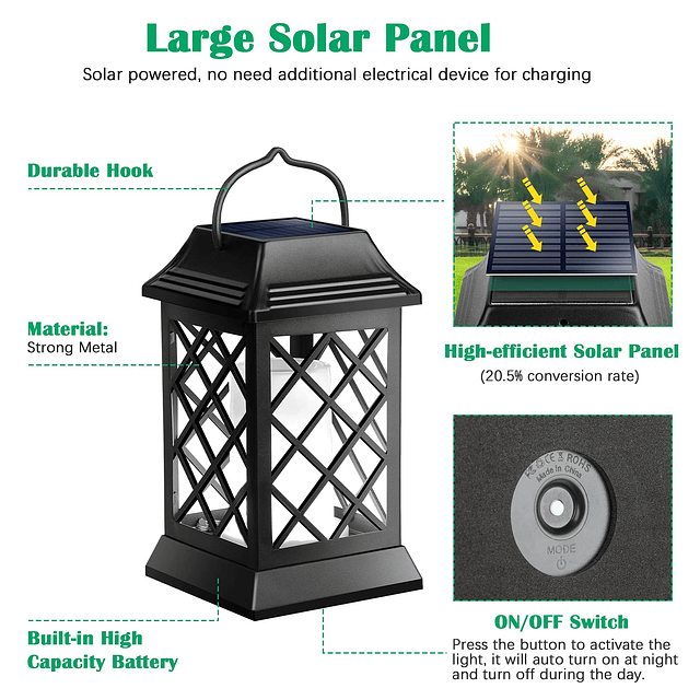 Luces solares para exteriores, farol solar de metal con llam