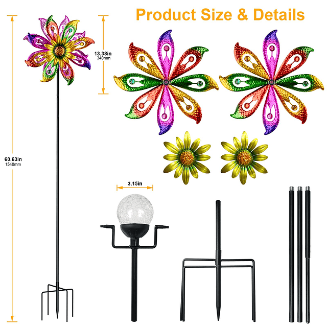 Spinner de viento solar de 360° con luces, girasol, jardín,