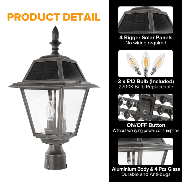 Lámpara solar para exteriores, poste de luz de atardecer a a