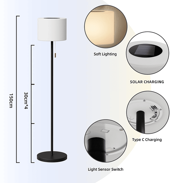 Lámpara de pie solar para exteriores con sensor de luz, aten