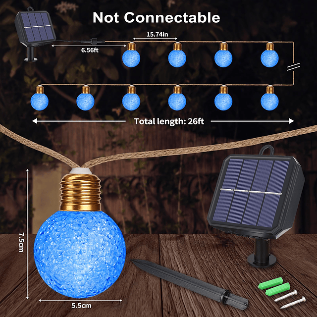 Cadena de luces solares para exteriores, 26 pies, cuerda vin