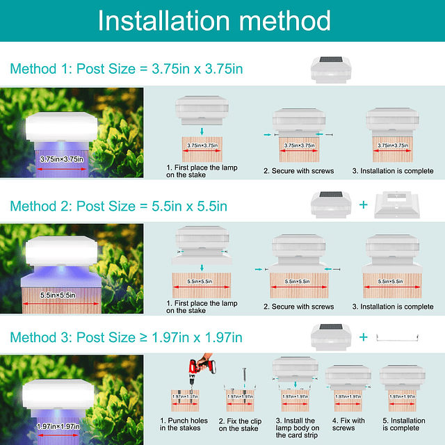 Luz solar para postes, 52 LED, 160 lm, luces solares para ex