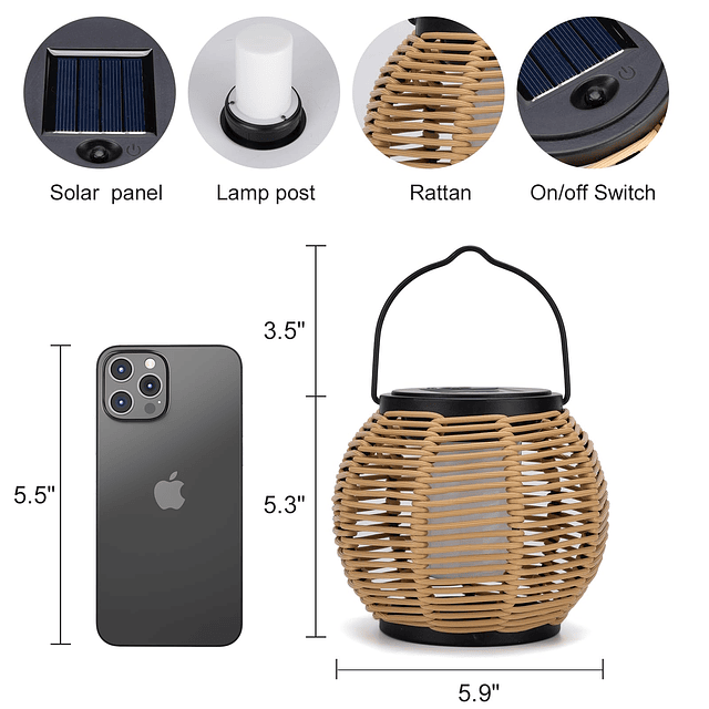 Linternas solares al aire libre impermeable de ratán natural
