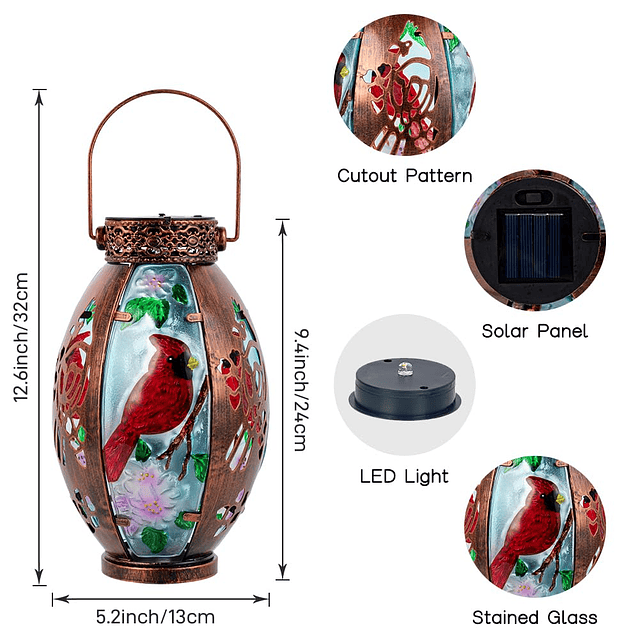 Cardinal Linterna solar para exteriores, metal y vidrieras,