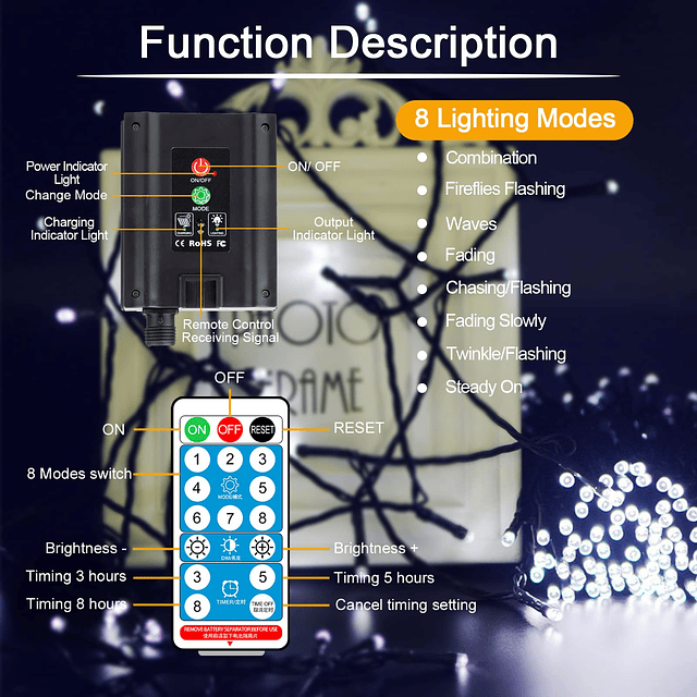 Guirnalda de luces solares para jardín, 72 pies, 8 modos, 20