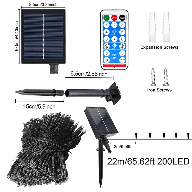 Guirnalda de luces solares para jardín, 72 pies, 8 modos, 20