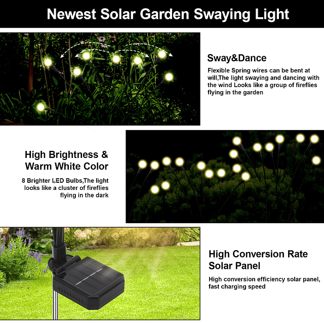 Luces solares de jardín oscilantes, 8 modos, luces solares d