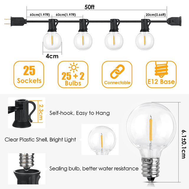 Cadena de luces LED para exteriores de 50 pies G40, luz regu