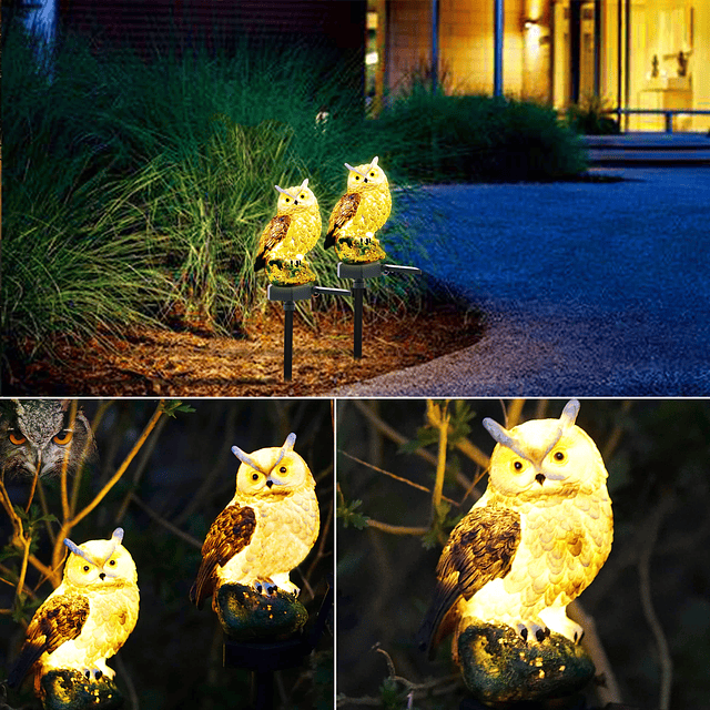 2 paquetes de luces solares de jardín con forma de búho, luz