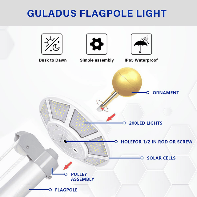 Luz de asta de bandera con energía solar, 200 LED, 2130 lúme