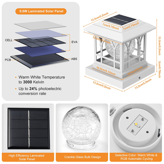 Luces solares para postes de cerca, luces solares de vidrio