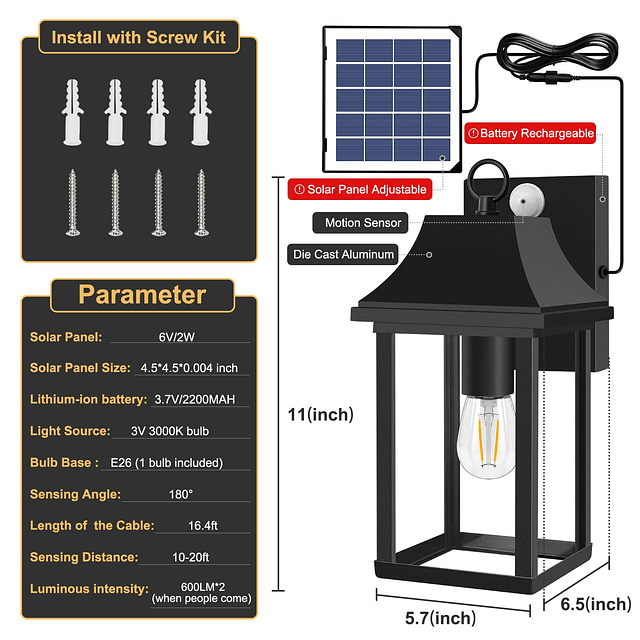 Paquete de 2 luces solares para porche al aire libre con sen