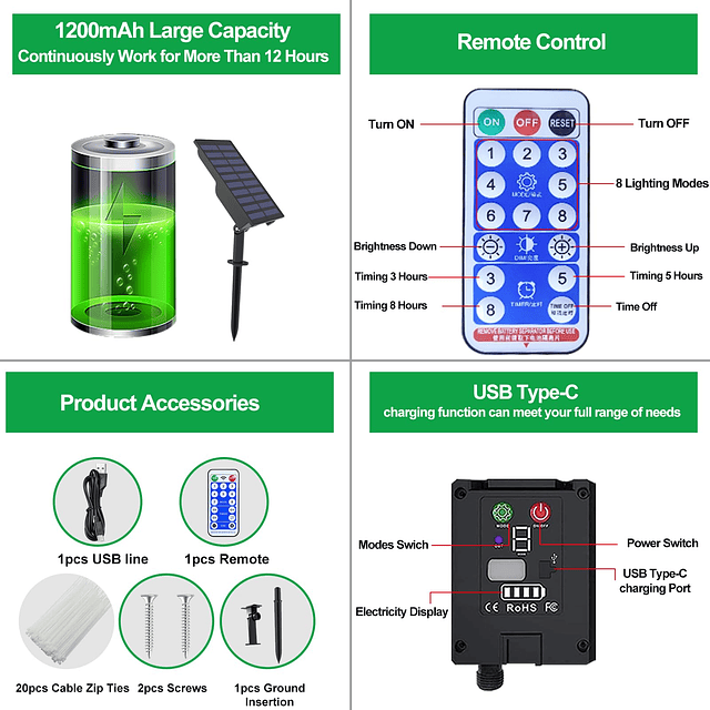 300 luces LED de cuerda solares para exteriores, 99 pies, lu