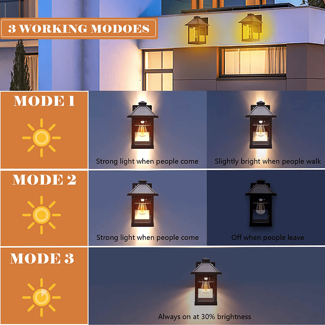 Paquete de 2 faroles solares de pared para exteriores con 3