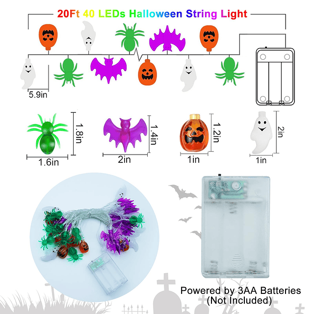 Decoraciones de luces de Halloween 20 pies 40 LED 3D calabaz