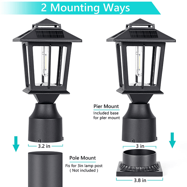 Luces solares de metal para poste, paquete de 2 lámparas sol