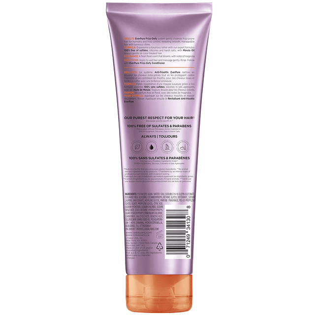 L'Oreal Paris Shampoo Frizz Defy sin sulfato, cuidado del ca