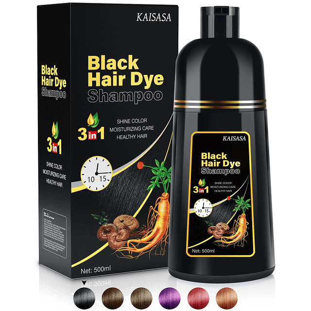 KAISASA Shampoo para tinte de cabello negro 3 en 1, Shampoo