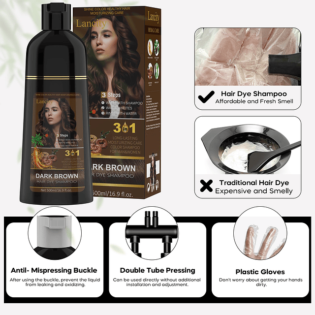 Shampoo para tinte de cabello marrón oscuro 3 en 1 Shampoo p