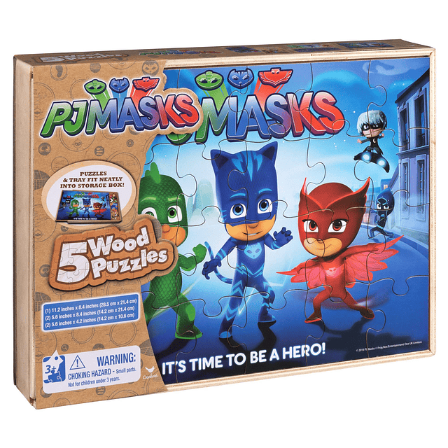 PJ Masks 5 rompecabezas de madera en caja de almacenamiento