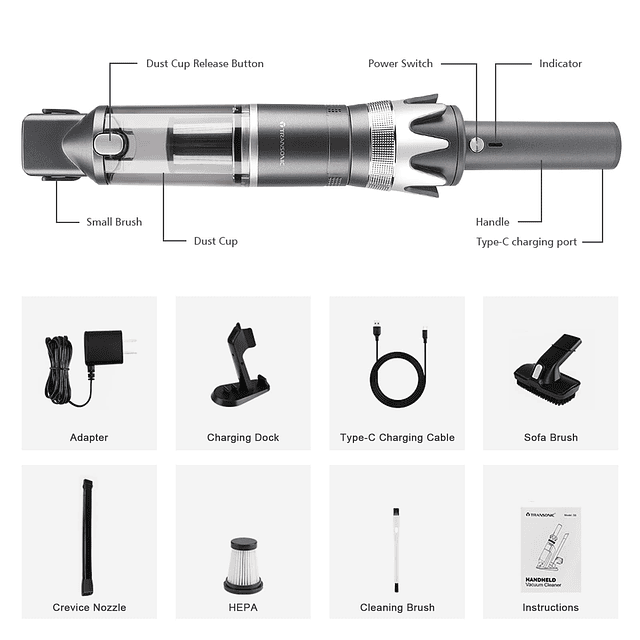 Aspiradora portátil Transonic de mano, inalámbrica, con base