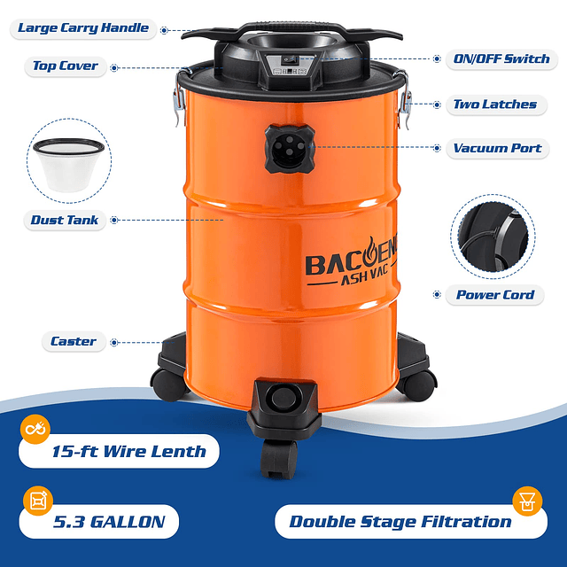 Aspiradora de cenizas de 5.3 galones con sistema de filtraci