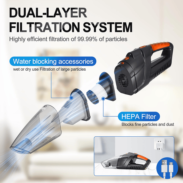 Aspiradora de Mano Inalámbrica, Potente Succión de 30 Minuto