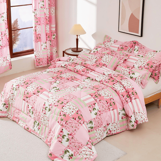 Edredón floral con 2 fundas de almohada tamaño Queen, juego